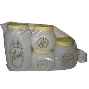 Vtg Bee Plastics Kitchen Canister Set 4pc Flour Sugar Coffee Tea Yellow MCM NEW‎